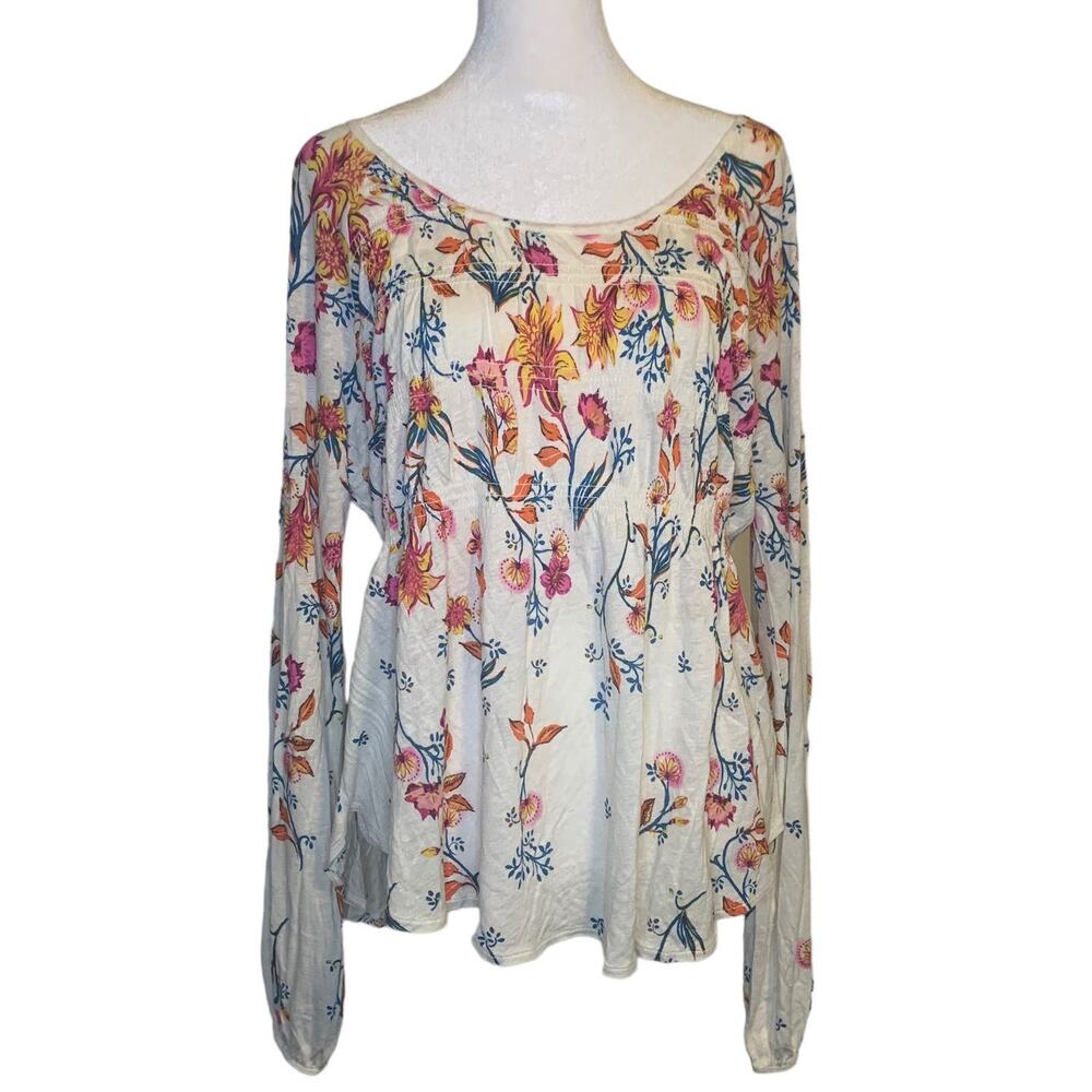 Free People white orange and blue floral long sleeve top size S